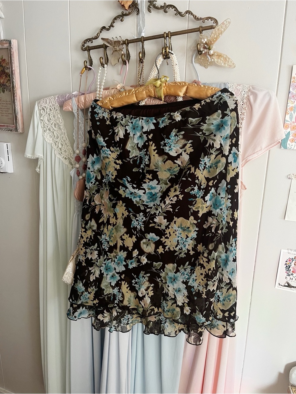 Y2K Brown Floral Chiffon Skirt